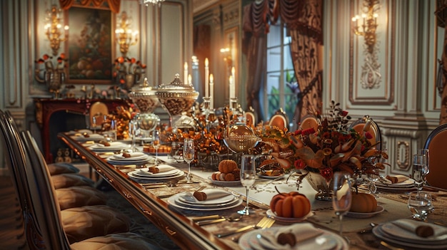 Photo a table with a table with a tablecloth and plates with food and a painting on it