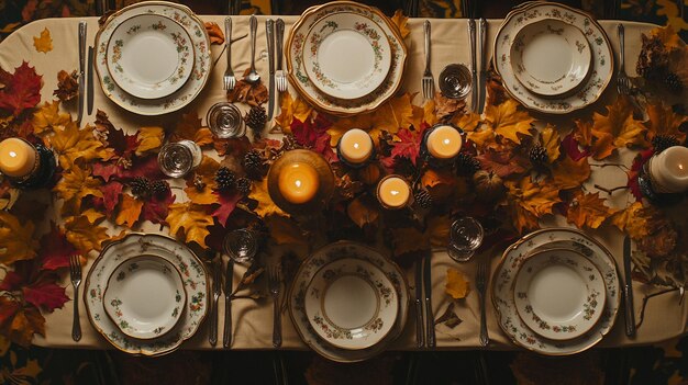 a table with a tablecloth and plates and candles on it