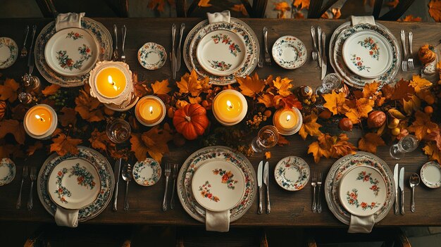 a table with a tablecloth and plates with a candle on it