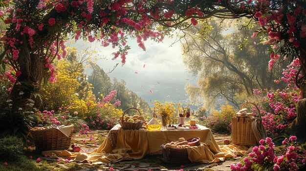 a table with a tablecloth and a table with a cake on it