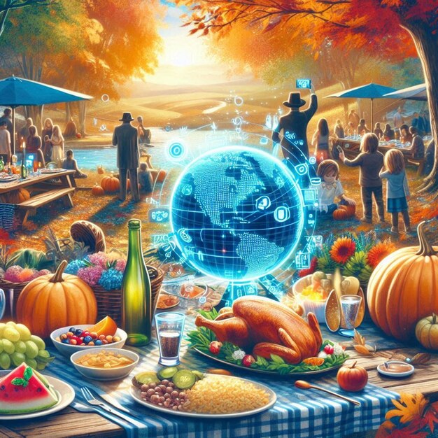 a table with a tablecloth that has a globe on it and a tree with a blue globe on it