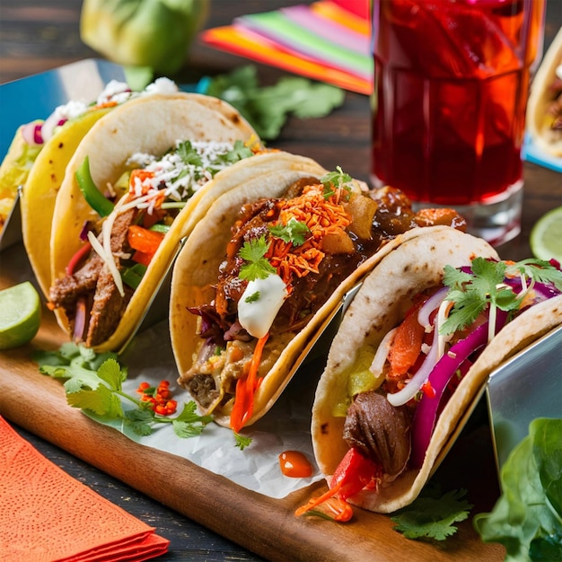 a table with taco tacos and a glass of red wine