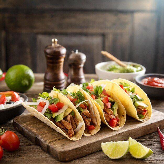 a table with tacos avocados and avocados