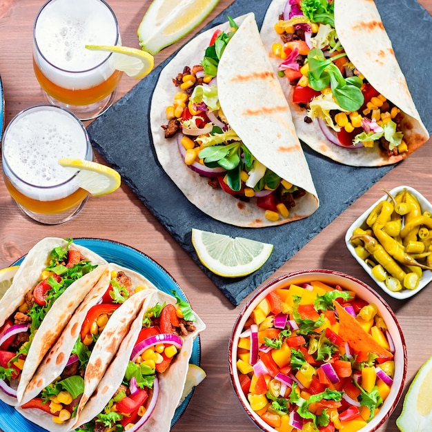 Table with tacos, mango salsa, nachos with sauce, guacamole, lemon beer for Cinco de Mayo celebration party. Appetizers and traditional mexican dishes for family dinner on wooden table, space for text