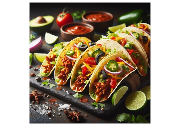 a table with tacos peppers and avocados