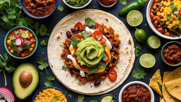 Table with tacos salsa and guacamole and salsa Image