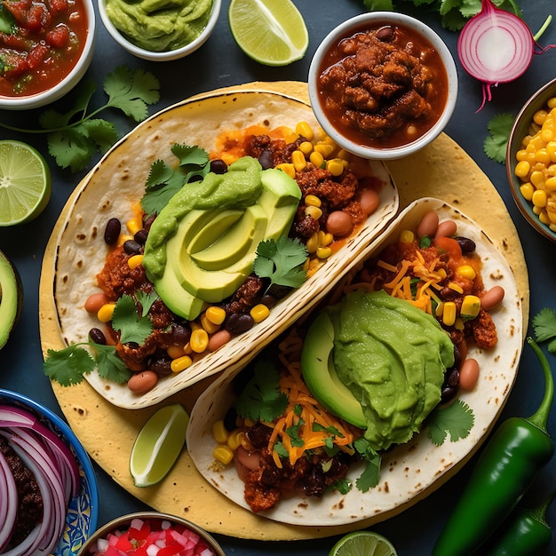 Table with tacos salsa and guacamole and salsa Image