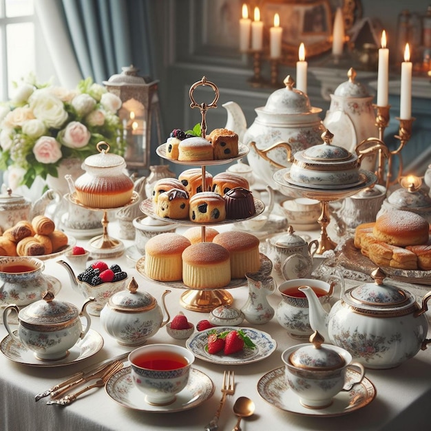 a table with tea cups tea cups and a cake on it