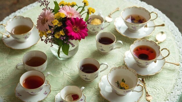 a table with tea cups tea cups and a flower vase