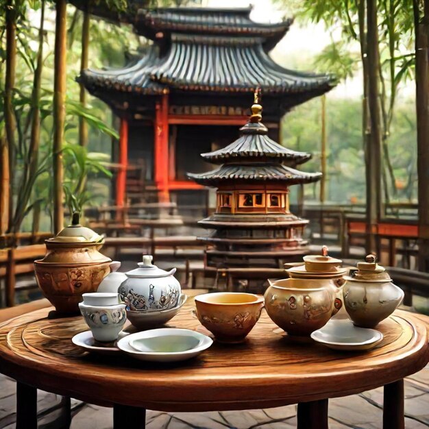 Photo a table with tea pots and tea cups on it