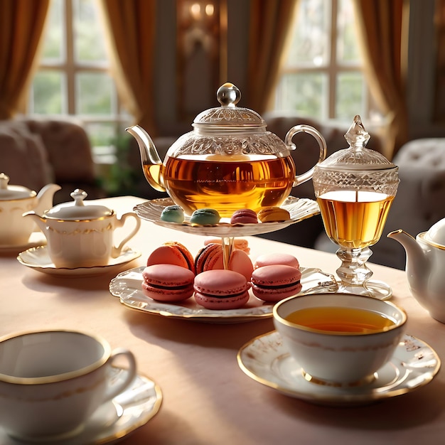 a table with tea and tea cups and tea set on it