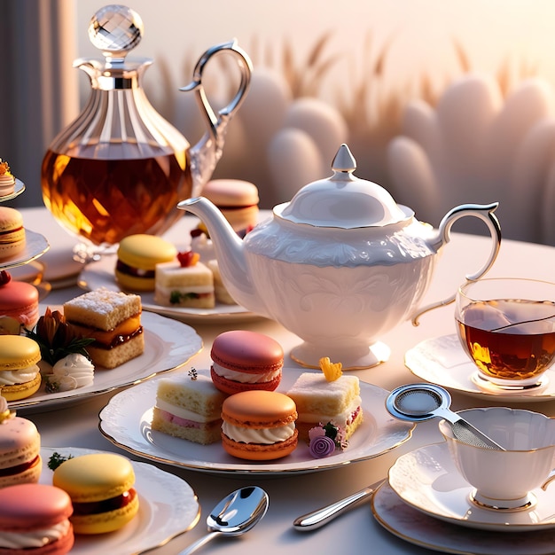 a table with tea and teacups and tea on it