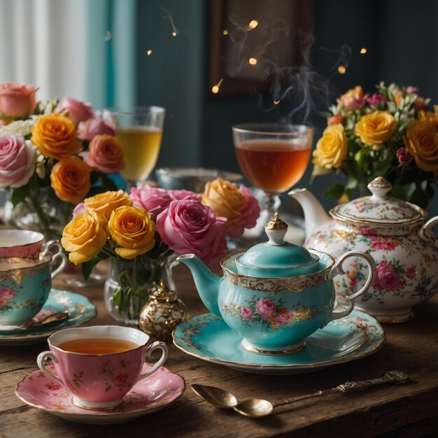 a table with teacups teacups teacups and a tea set with a tea cup