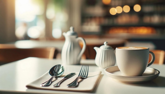 a table with a teapot spoon spoon and coffee cup on it