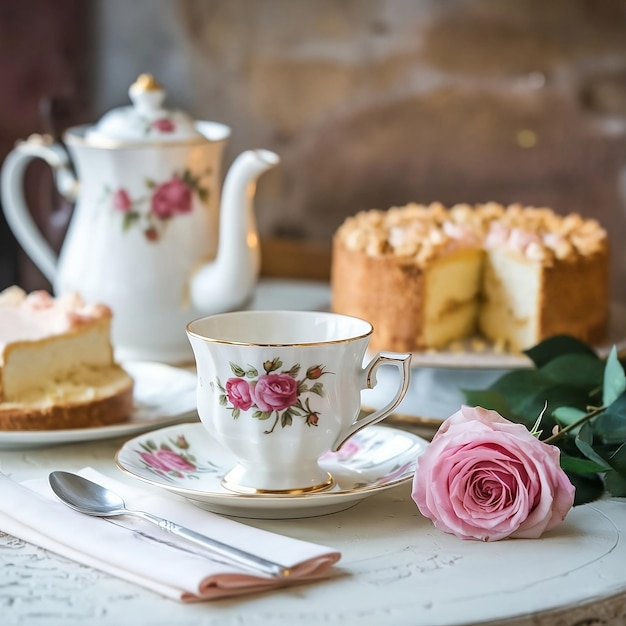 Photo a table with a teapot a teapot a cup and a cake on it