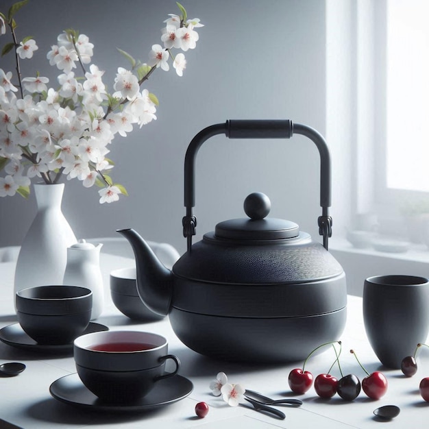 a table with a teapot and a vase with flowers in it