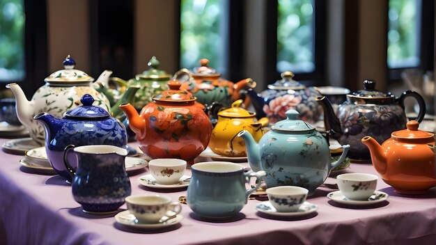 a table with teapots and teapots on it