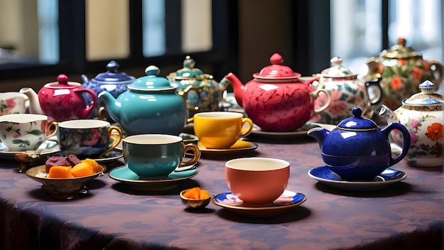 a table with teapots and teapots on it