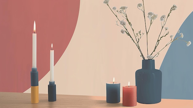 Photo a table with three candles and a vase on a flat background