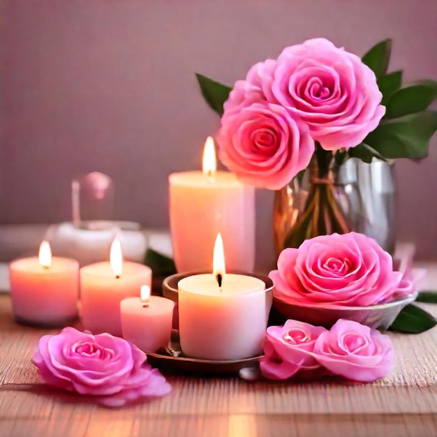 Photo a table with three candles and a vase with a candle in it