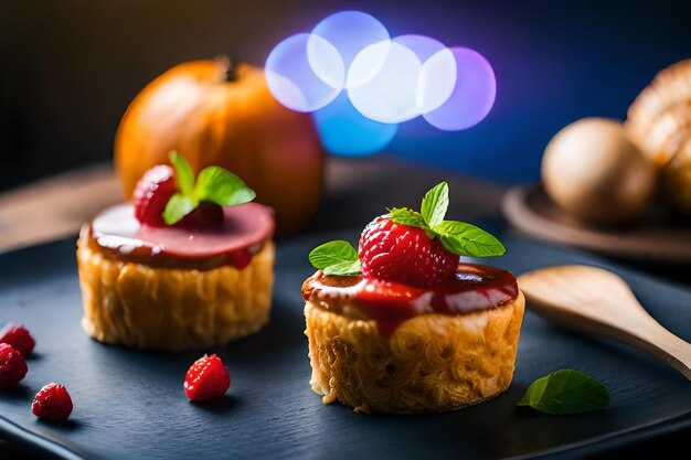 a table with three desserts and a cake on it