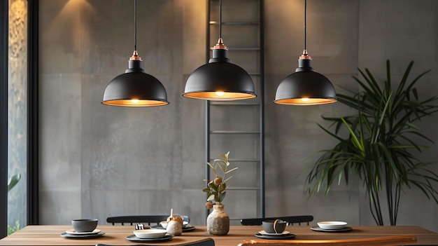 a table with three lights and a plant on it