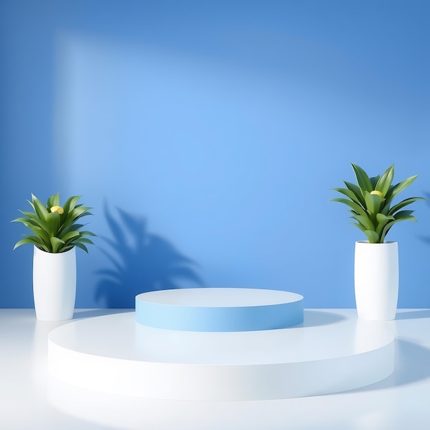 a table with three plants on it and a blue background