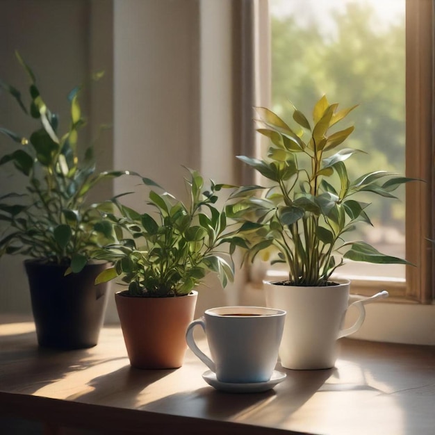 a table with three potted plants on it and a cup of coffee