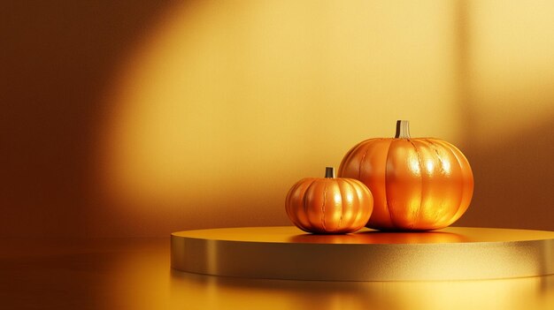 Photo a table with three pumpkins on it and one of them has a yellow background