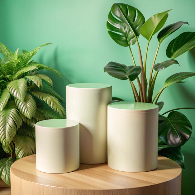 Photo a table with three white vases and a green plant in the corner