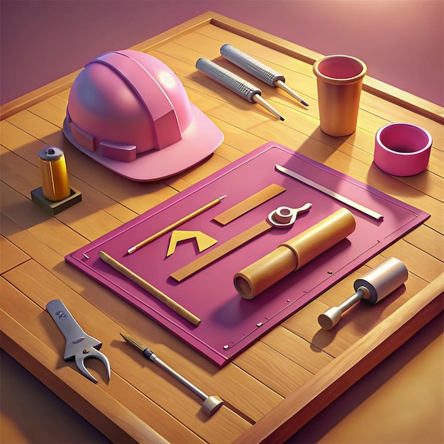 a table with tools and tools including a hard hat and tools