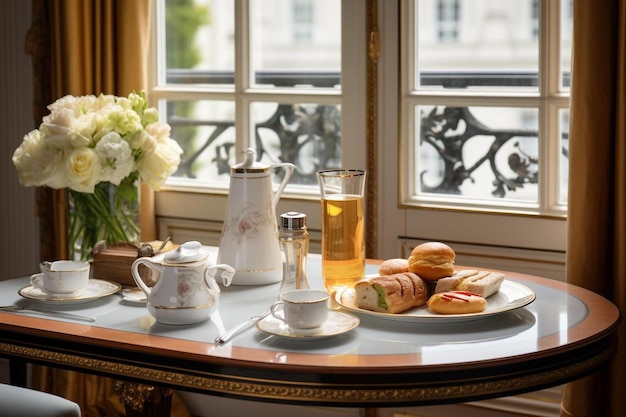 Photo a table with a tray of food and a cup of tea on it