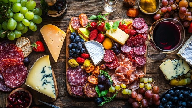 Photo a table with a tray of food including cheese fruit and cheese