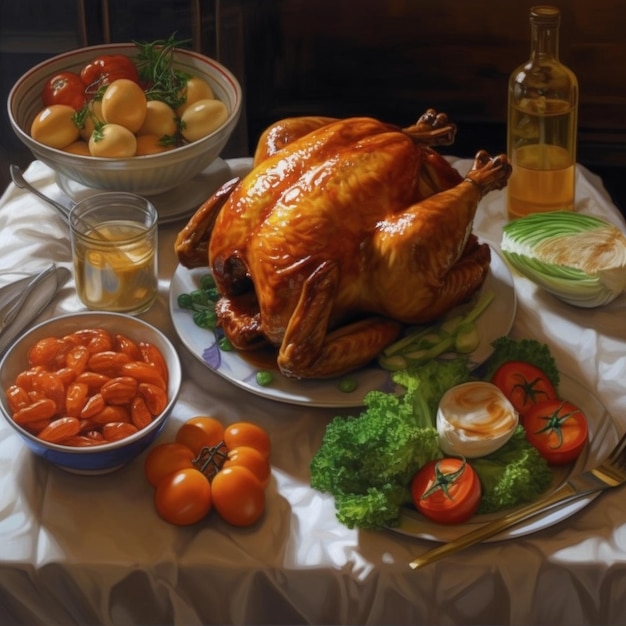 A table with a turkey and a bottle of alcohol.