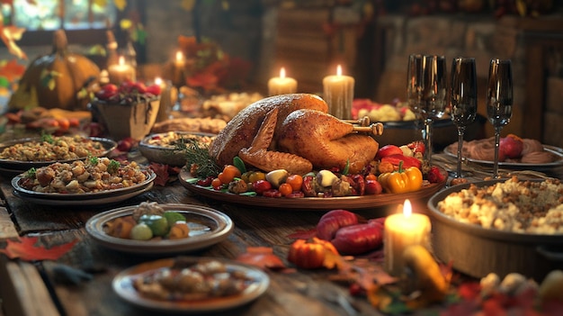 a table with a turkey and a candle in the background