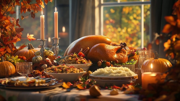 a table with a turkey and a candle in the background