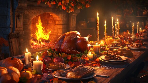 a table with a turkey and candles and a fire in the background