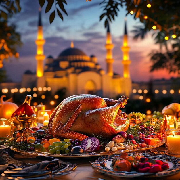 Photo a table with a turkey and candles and a turkey on it