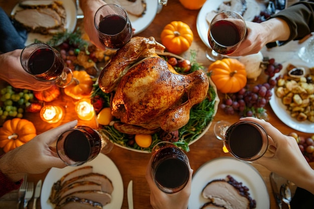 Photo a table with a turkey and glasses of wine and a plate of pumpkins