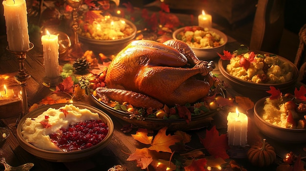 a table with a turkey and other food including a turkey and other dishes