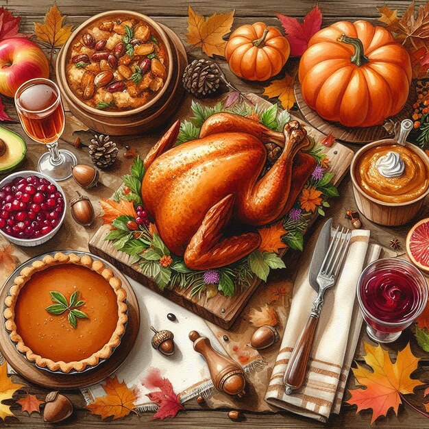 Photo a table with a turkey pumpkin and a plate of thanksgiving foods