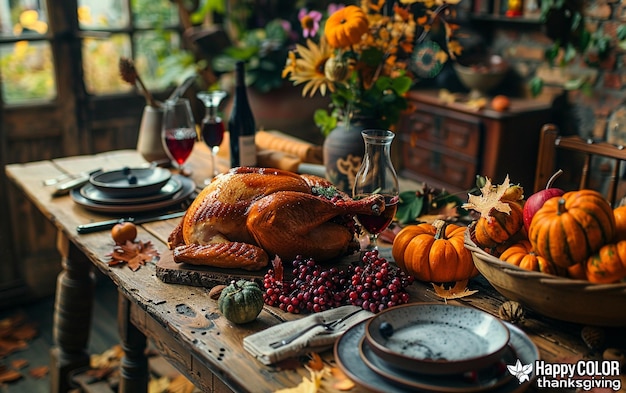 a table with a turkey and pumpkins on it