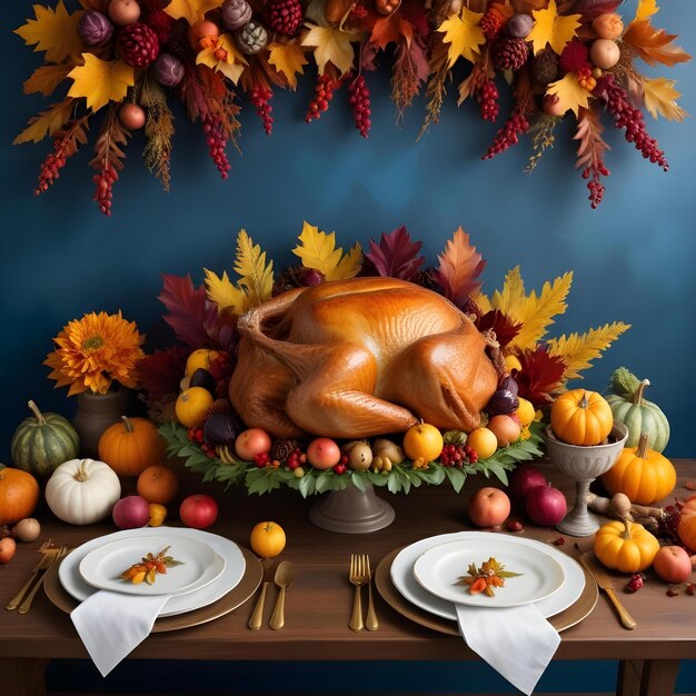 Photo a table with a turkey and pumpkins on it