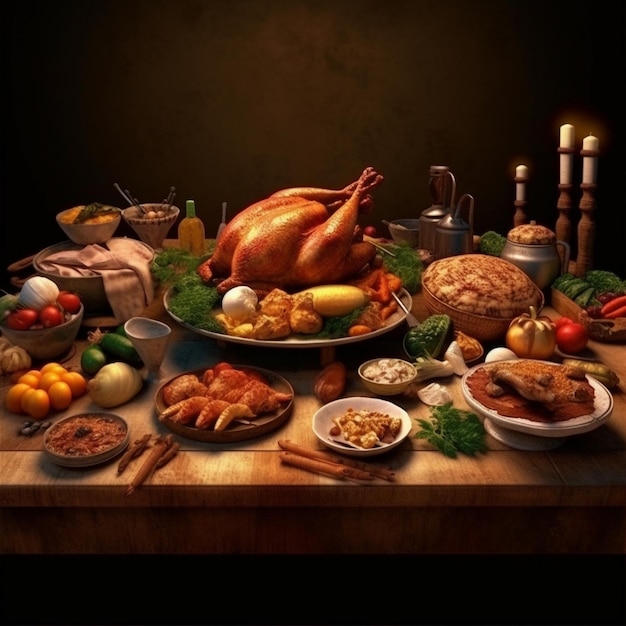 A table with a turkey, turkey, and a candle.