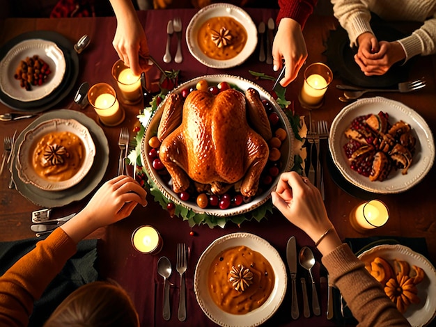 a table with a turkey and a woman sitting at the table with candles around it