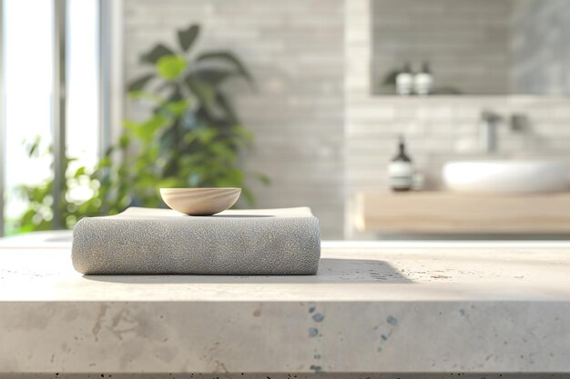 a table with two bowls on it and one with a plant in the background