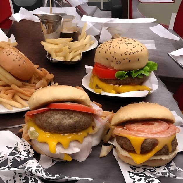 A table with two burgers and a plate of fries on it