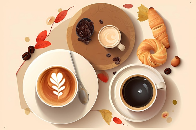 A table with two cups of coffee and a croissant with a croissant on it.