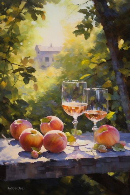 A table with two glasses of cider and apples in an apple orchard oil painting impressionism sunlight AI generated