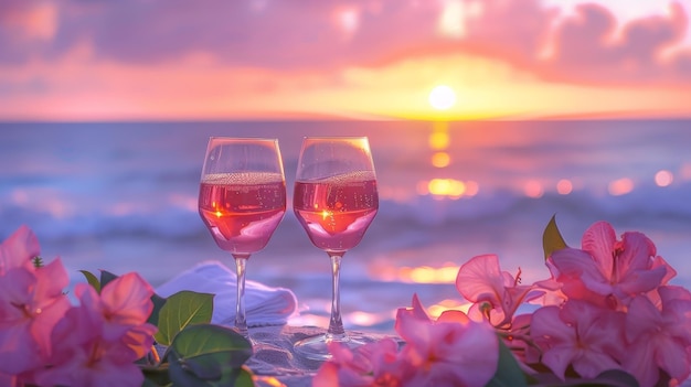 A table with two wine glasses and a bouquet of flowers by the ocean